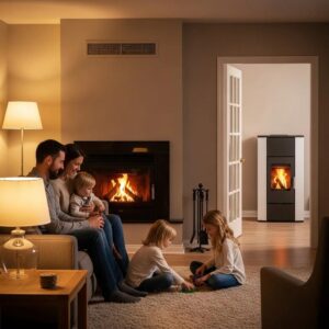 Cozy living room with a modern furnace creating a warm, comfortable atmosphere